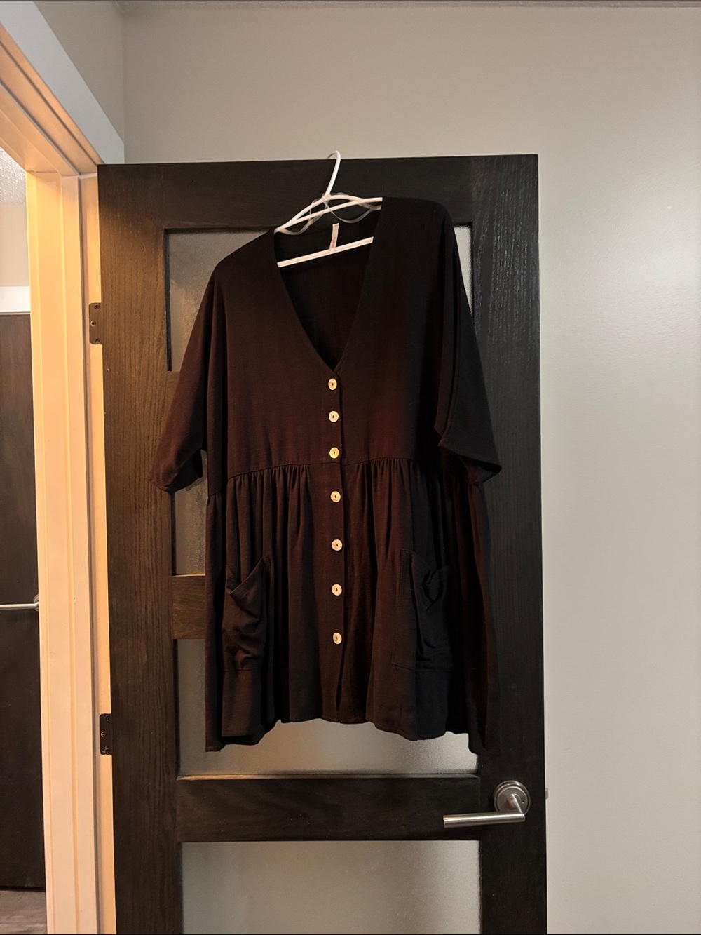 Black Button-Front Tiered Tunic Dress with Pockets